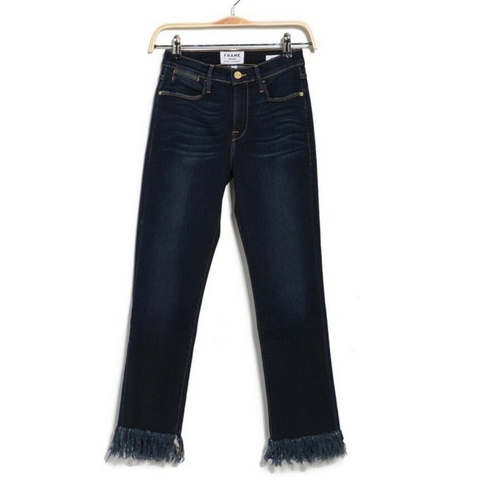 EUC Dark Blue Frame Le High Straight Jean with Fringe Hem Size 30